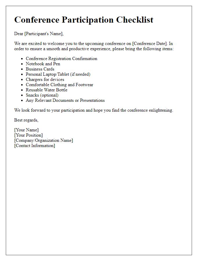 Letter template of items to bring for conference participants