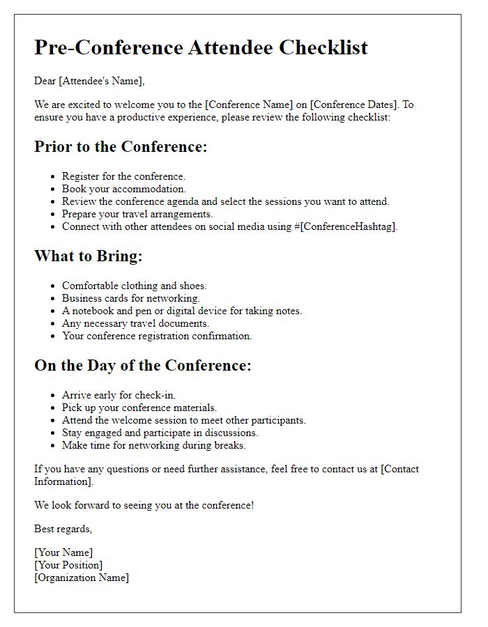 Letter template of pre-conference attendee checklist