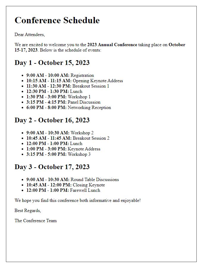 Letter template of conference schedule for attendees