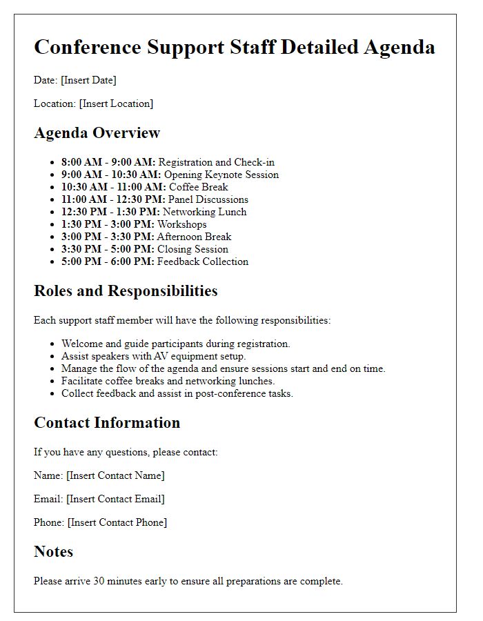 Letter template of detailed agenda for conference support staff