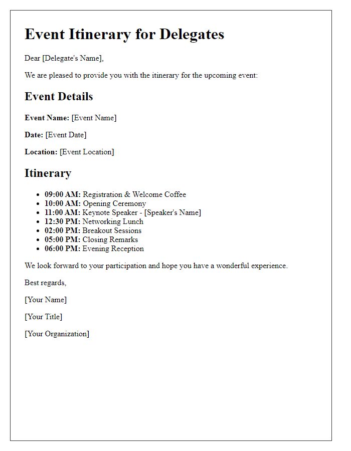 Letter template of event itinerary for delegates