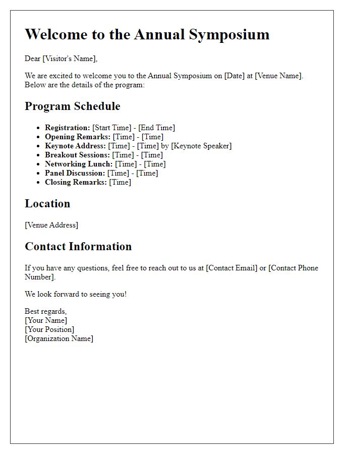 Letter template of program details for symposium visitors