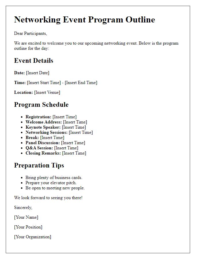 Letter template of program outline for networking event participants