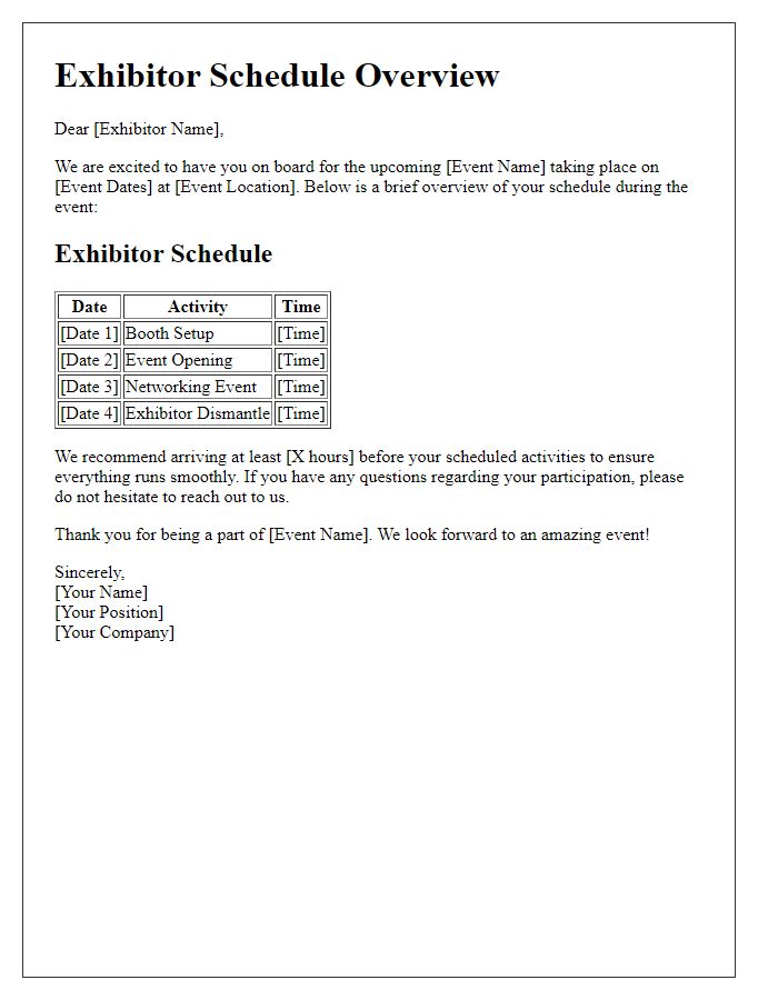 Letter template of schedule overview for exhibitors