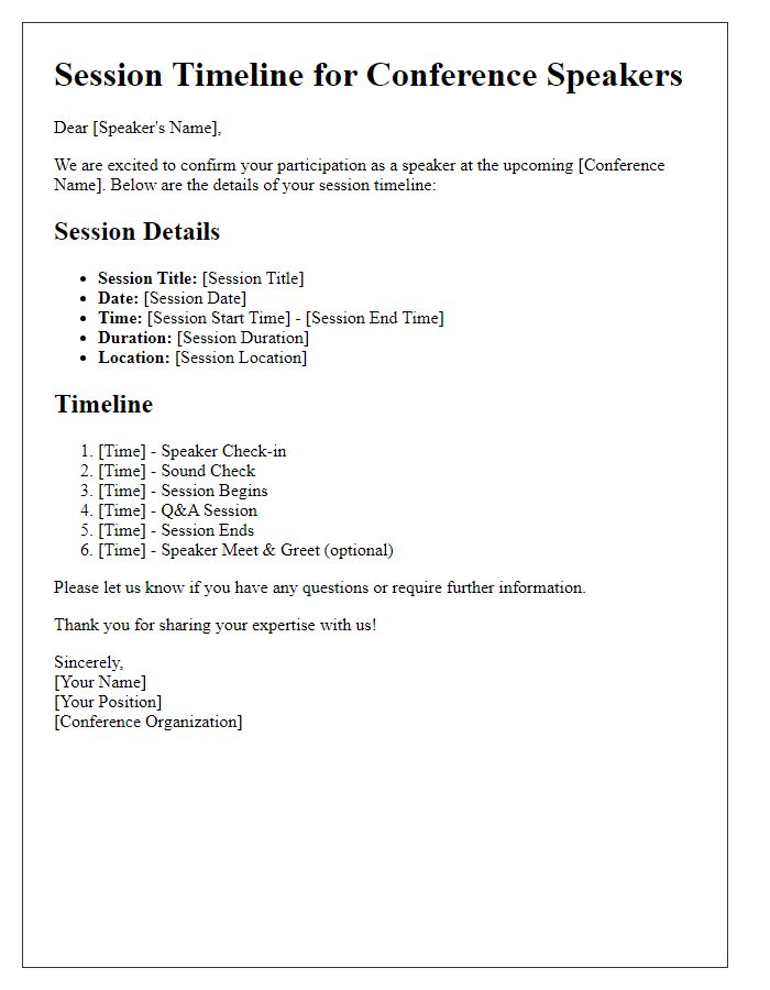 Letter template of session timelines for conference speakers