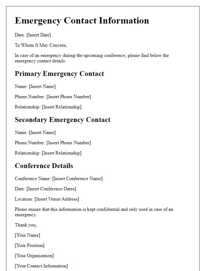 Letter template of emergency contact details for the conference