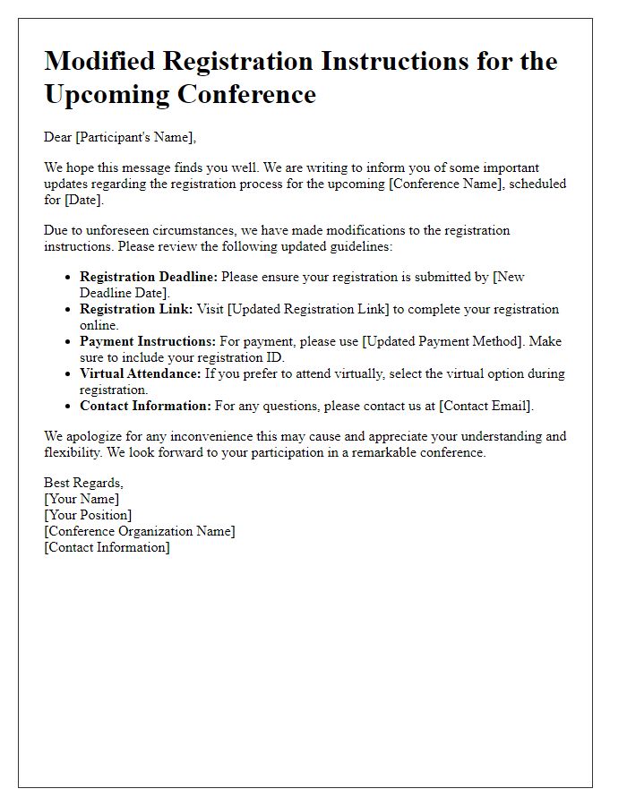 Letter template of modified registration instructions for the conference