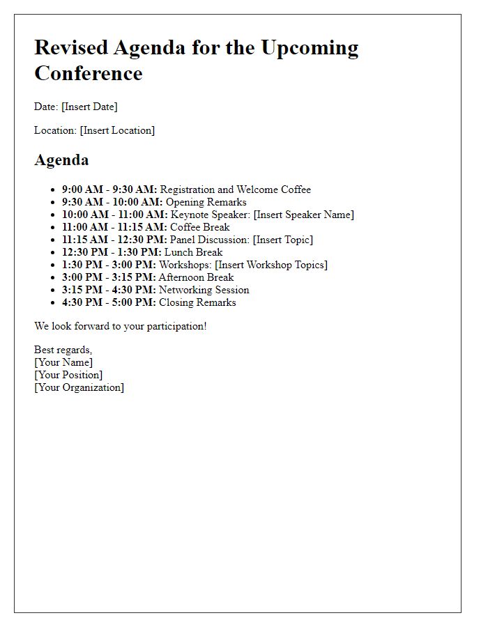 Letter template of revised agenda for the upcoming conference