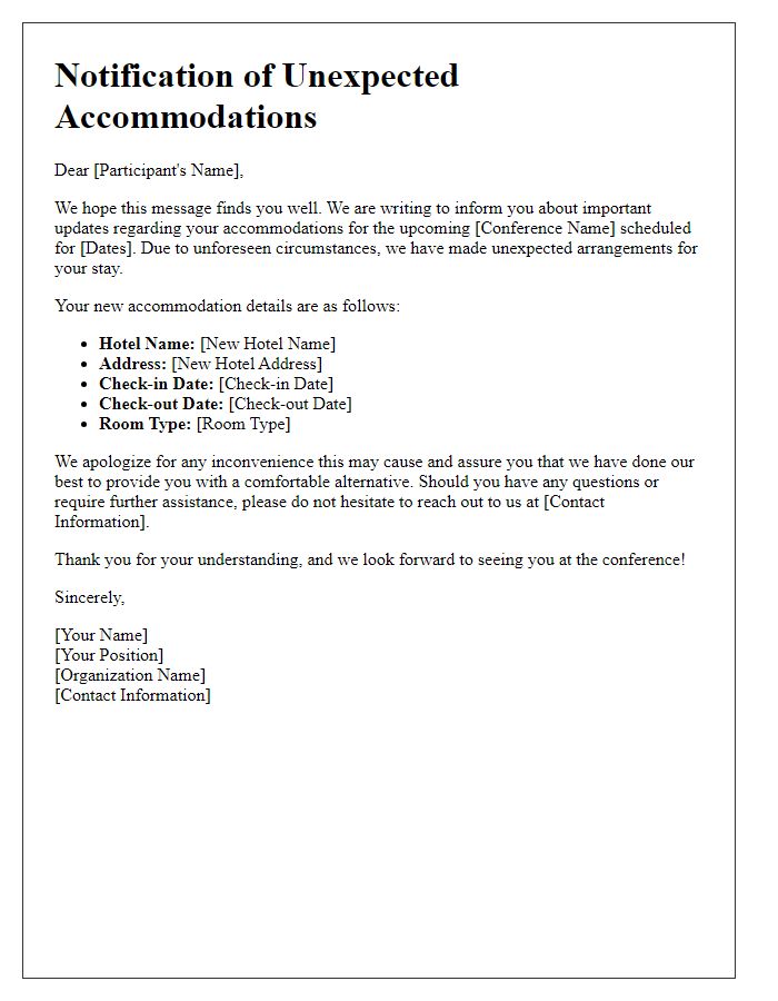 Letter template of unexpected accommodations for the conference