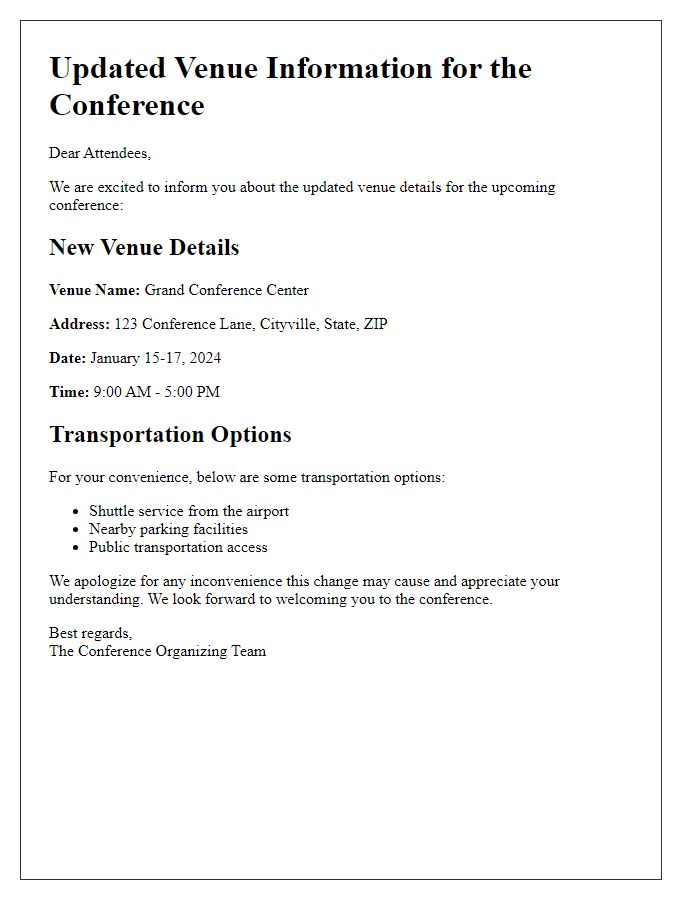 Letter template of updated venue information for the conference