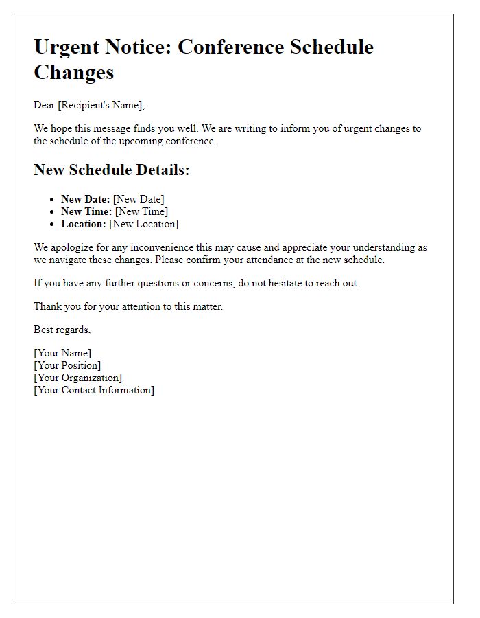 Letter template of urgent conference schedule changes