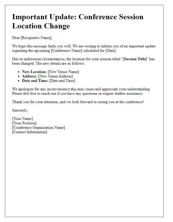 Letter template of conference session location update notification