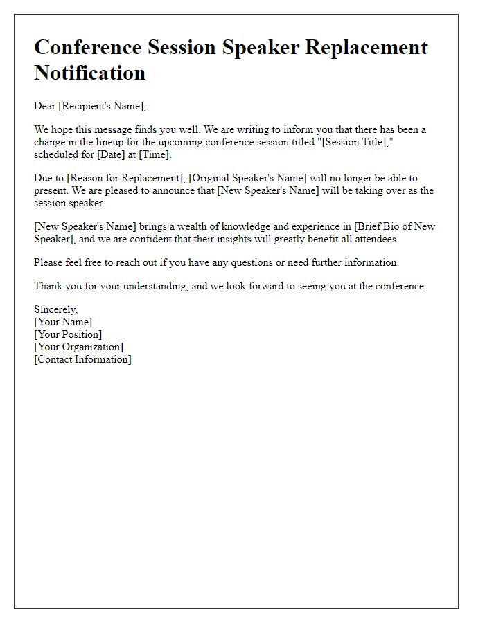 Letter template of conference session speaker replacement notification