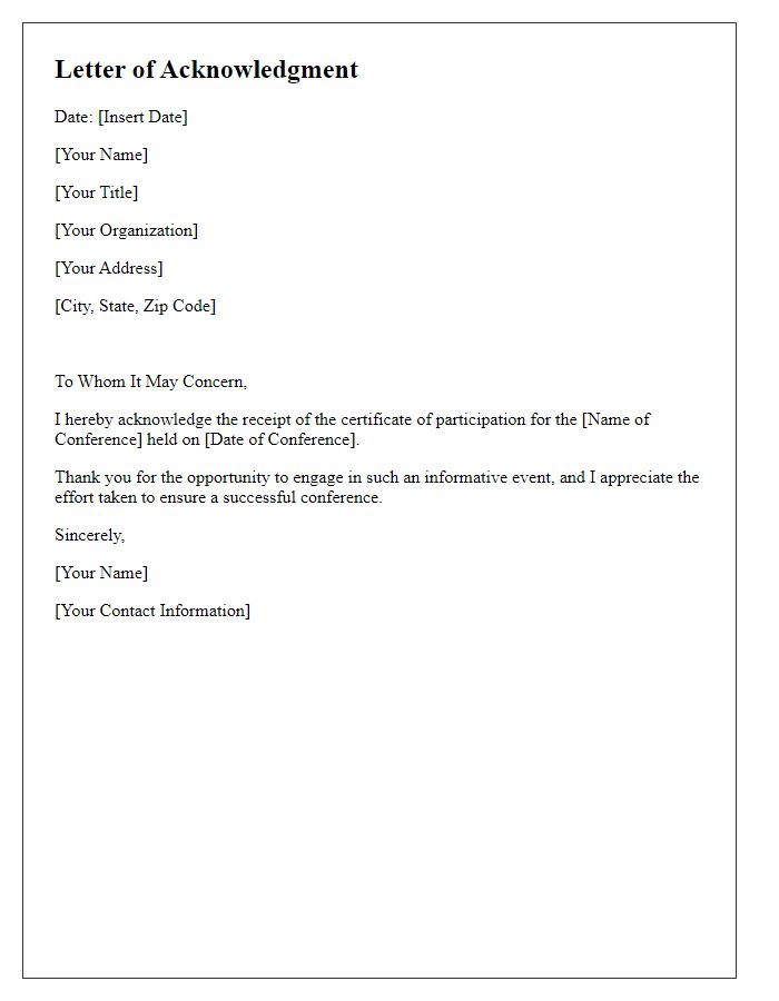 Letter template of acknowledgment for conference participation certificate