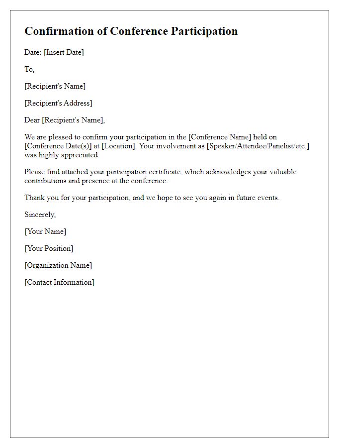 Letter template of confirmation for conference participation certificate