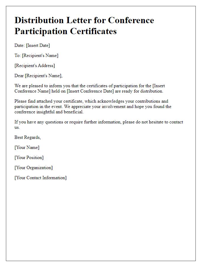 Letter template of distribution for conference participation certificate