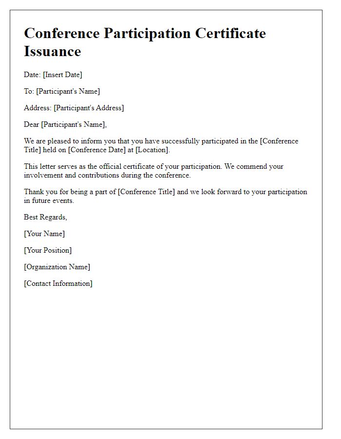 Letter template of issuance for conference participation certificate