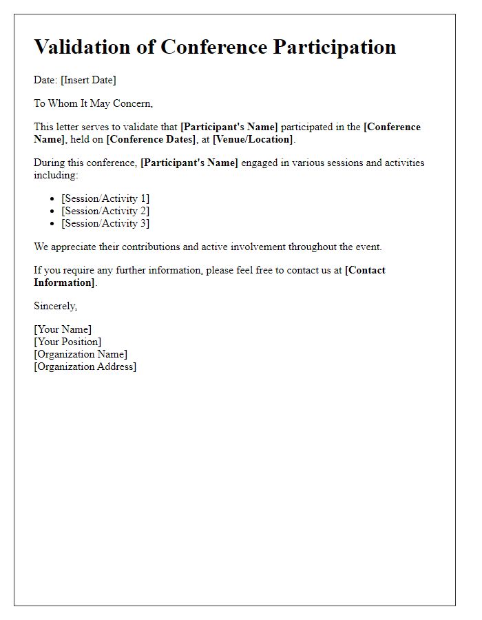 Letter template of validation for conference participation certificate