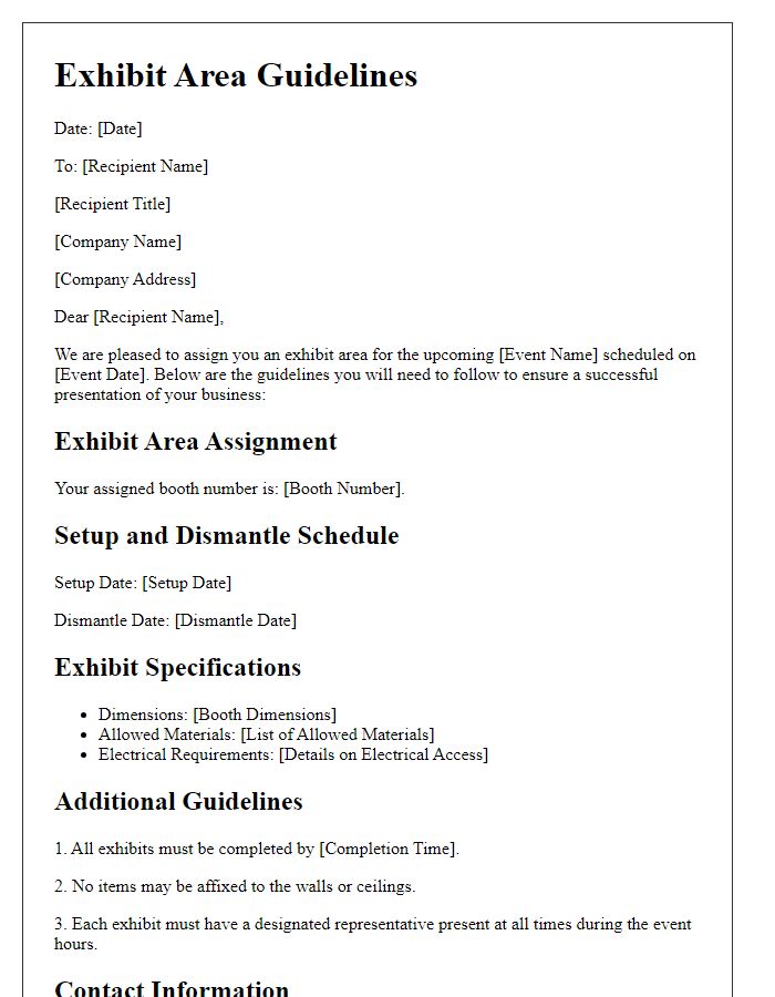 Letter template of assigned exhibit area guidelines for industry professionals