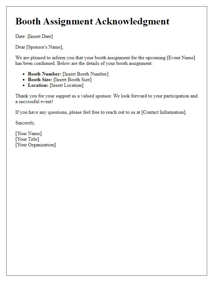 Letter template of booth assignment acknowledgment for sponsors