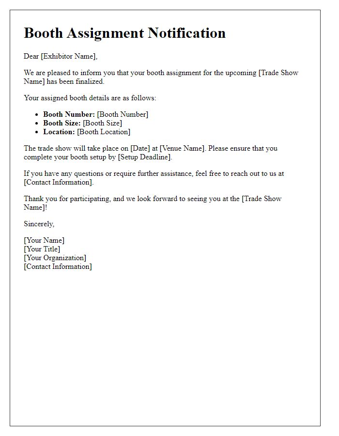 Letter template of booth assignment notification for trade show exhibitors