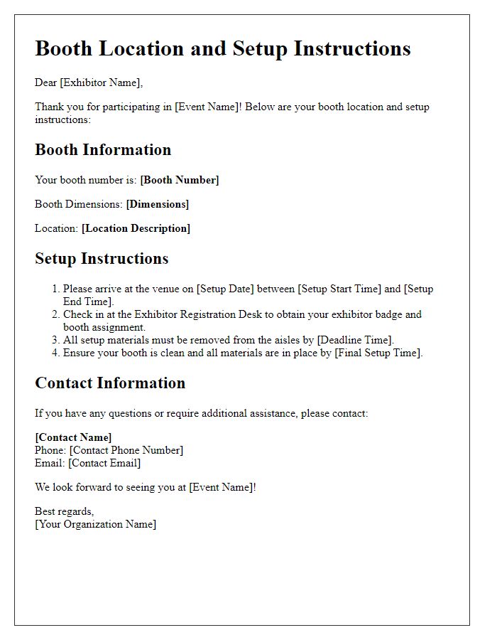 Letter template of booth location and setup instructions for exhibitors