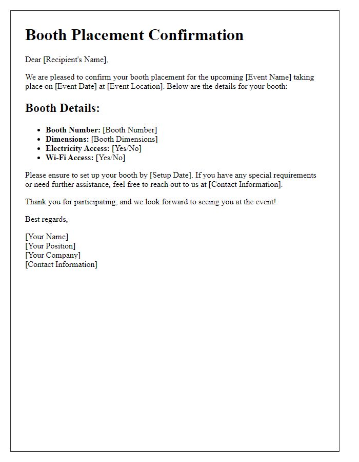 Letter template of booth placement confirmation for marketing teams