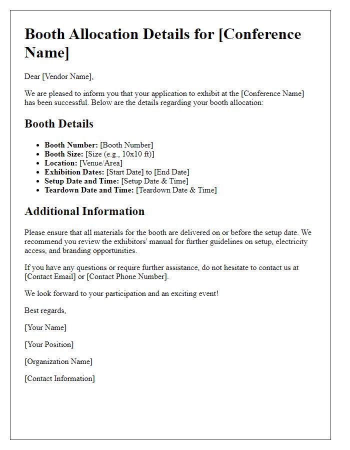 Letter template of conference booth allocation details for vendors