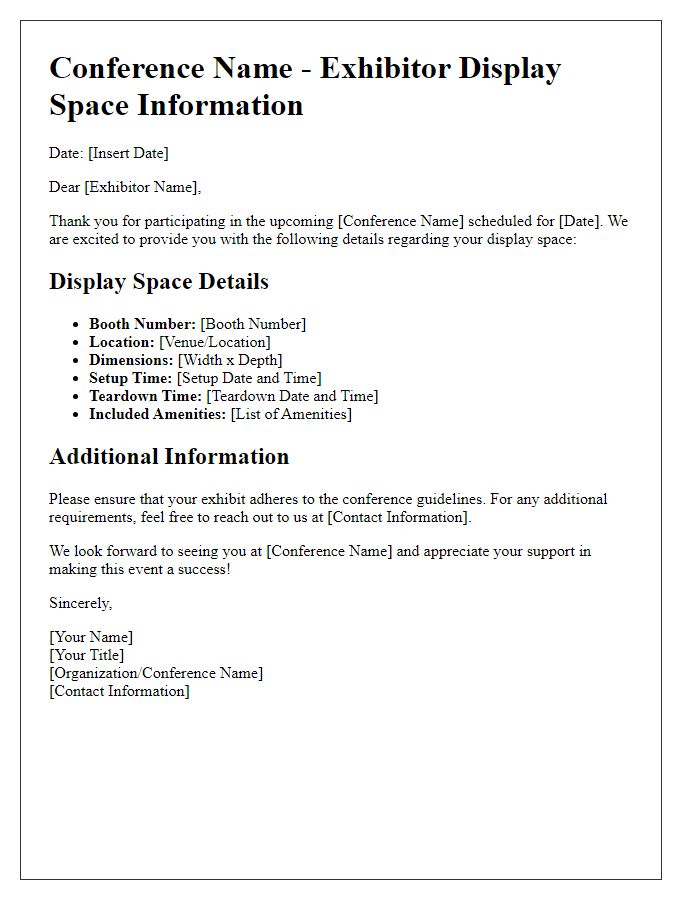 Letter template of conference display space information for exhibitors