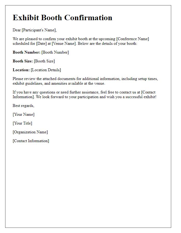 Letter template of exhibit booth confirmation for conference participants