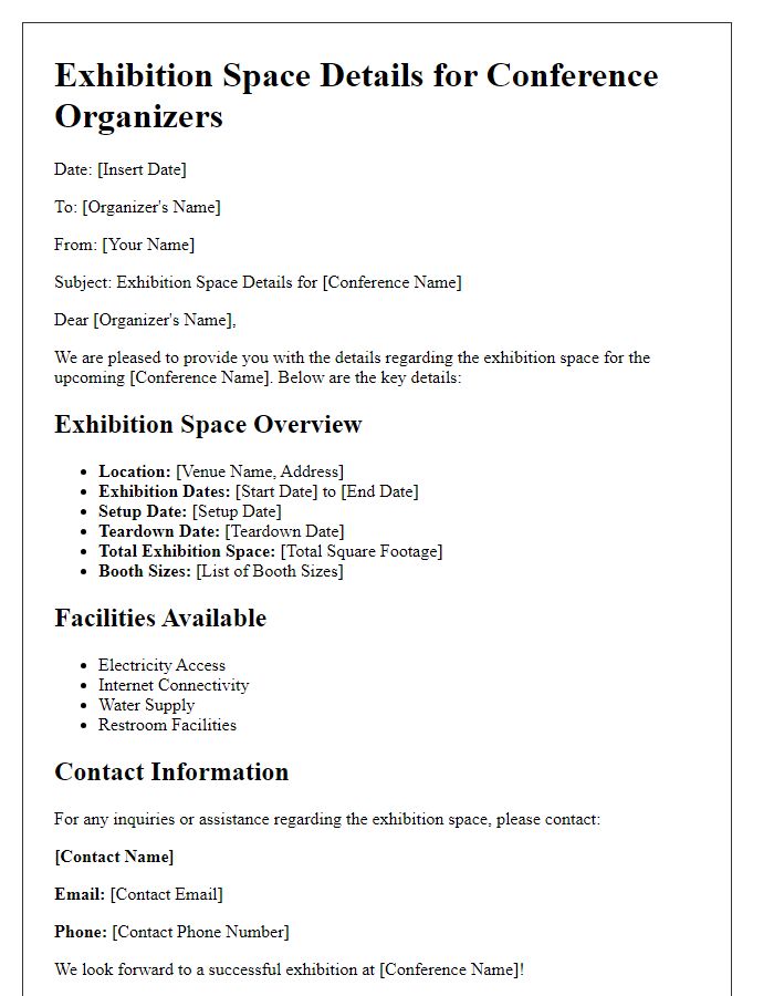 Letter template of exhibition space details for conference organizers