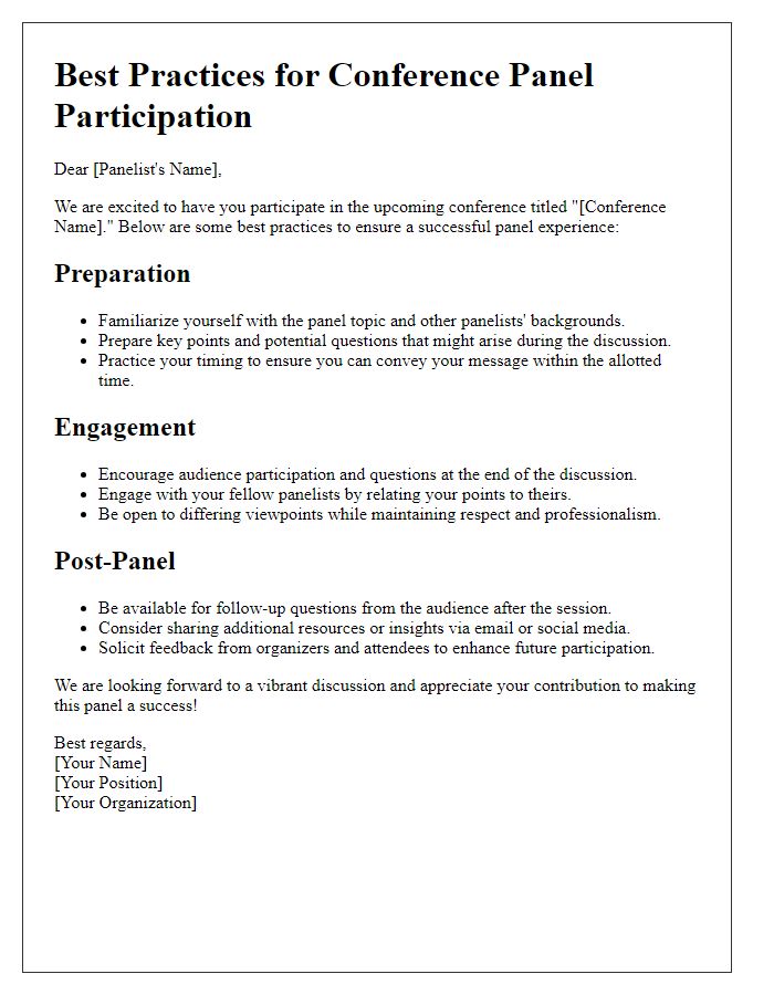 Letter template of best practices for conference panel participation