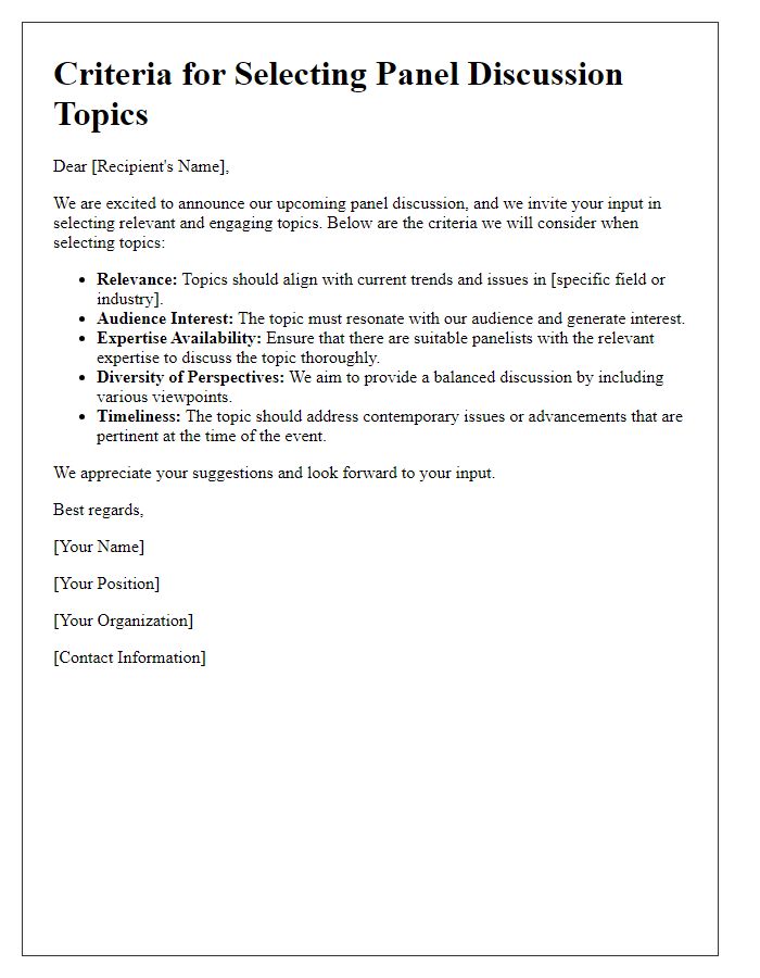 Letter template of criteria for selecting panel discussion topics