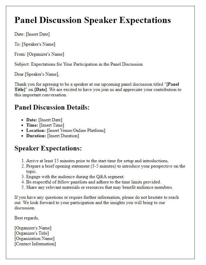 Letter template of expectations for speakers in panel discussions