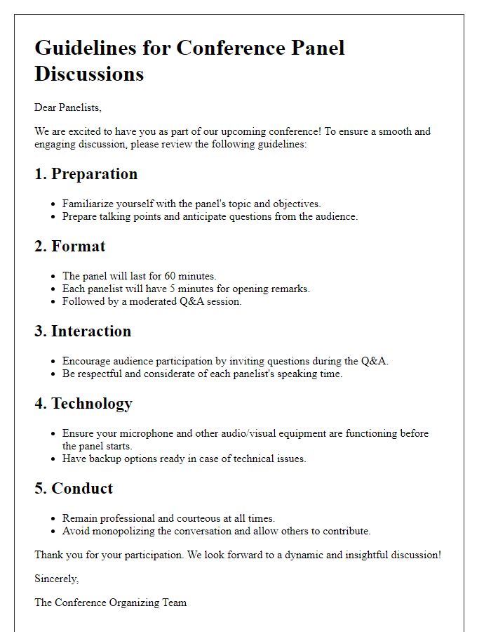 Letter template of guidelines for conference panel discussions