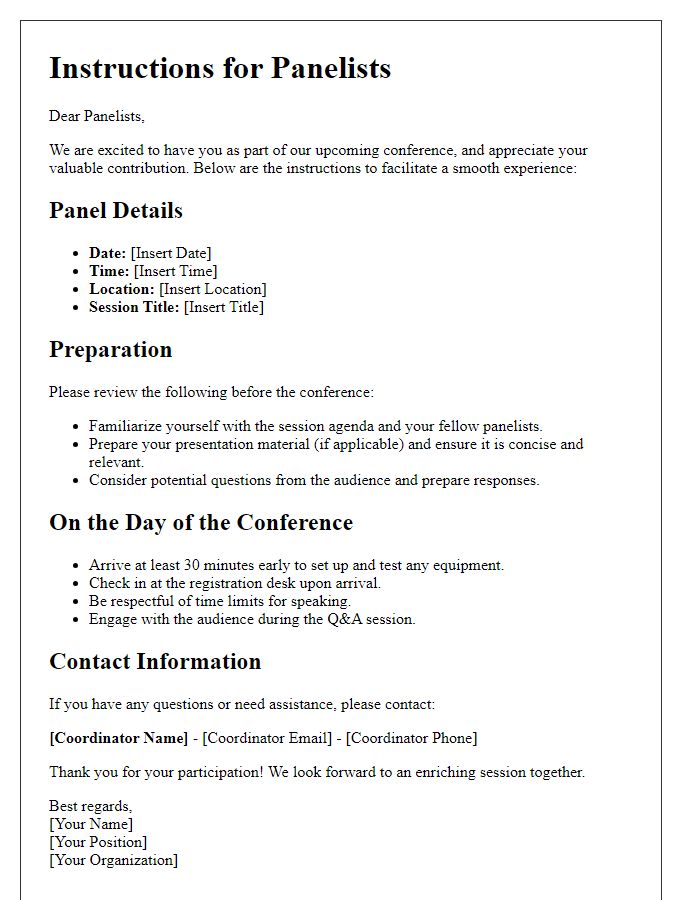 Letter template of instructions for panelists at a conference