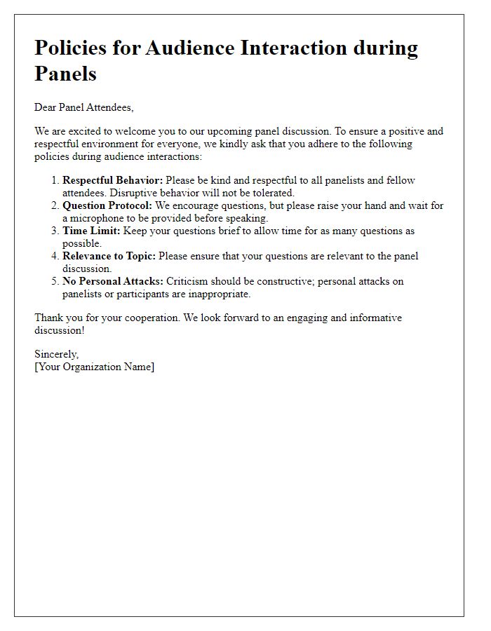 Letter template of policies for audience interaction during panels