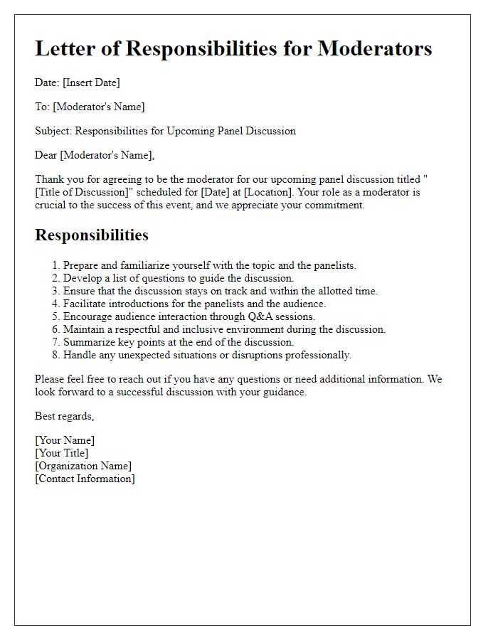 Letter template of responsibilities for moderators in panel discussions