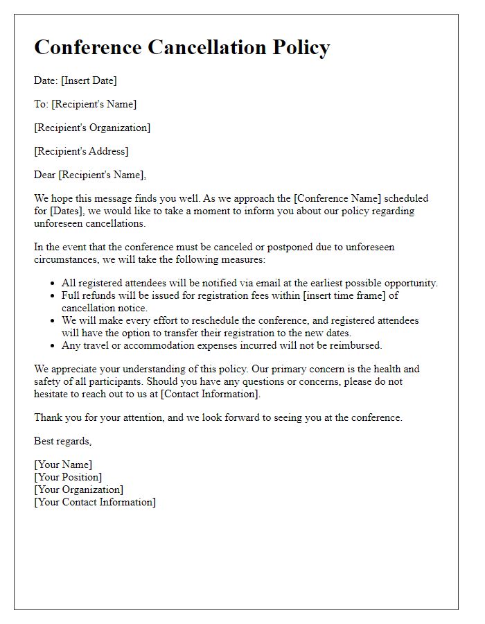 Letter template of conference policy for unforeseen cancellations