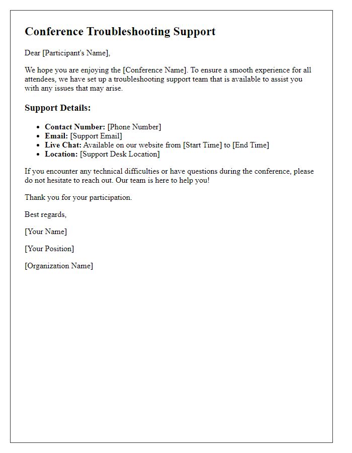 Letter template of conference troubleshooting support details