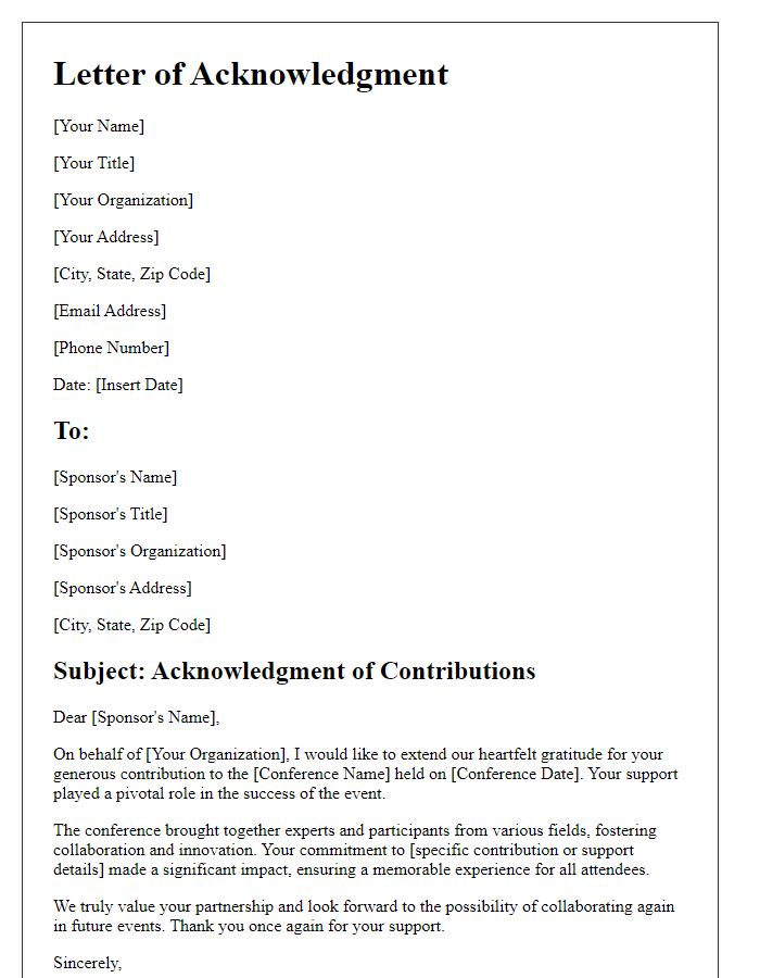 Letter template of acknowledgment for conference sponsors' contributions