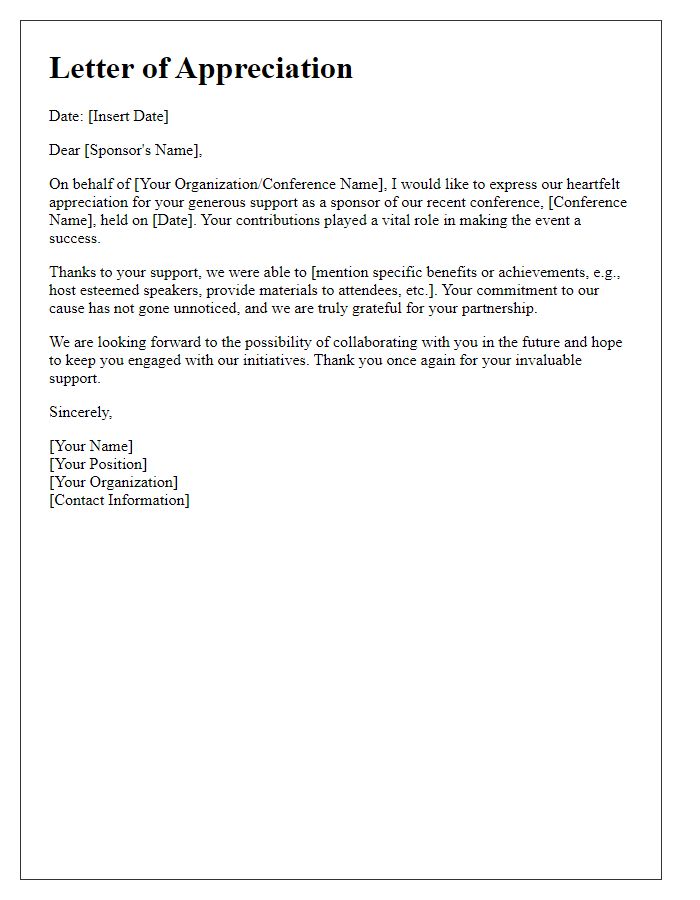 Letter template of appreciation for generous support from conference sponsors