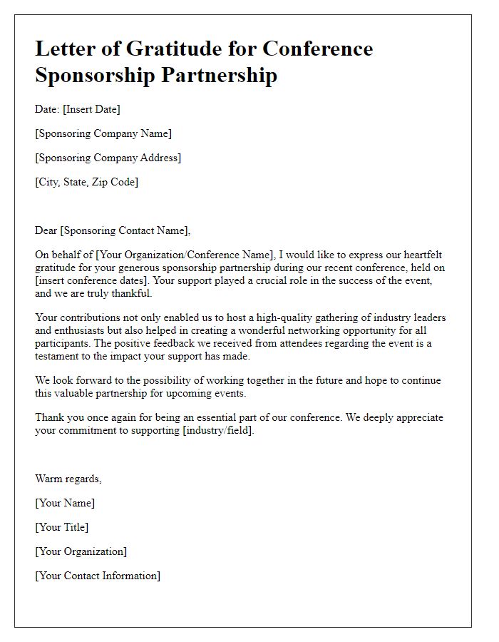 Letter template of gratitude for conference sponsorship partnership