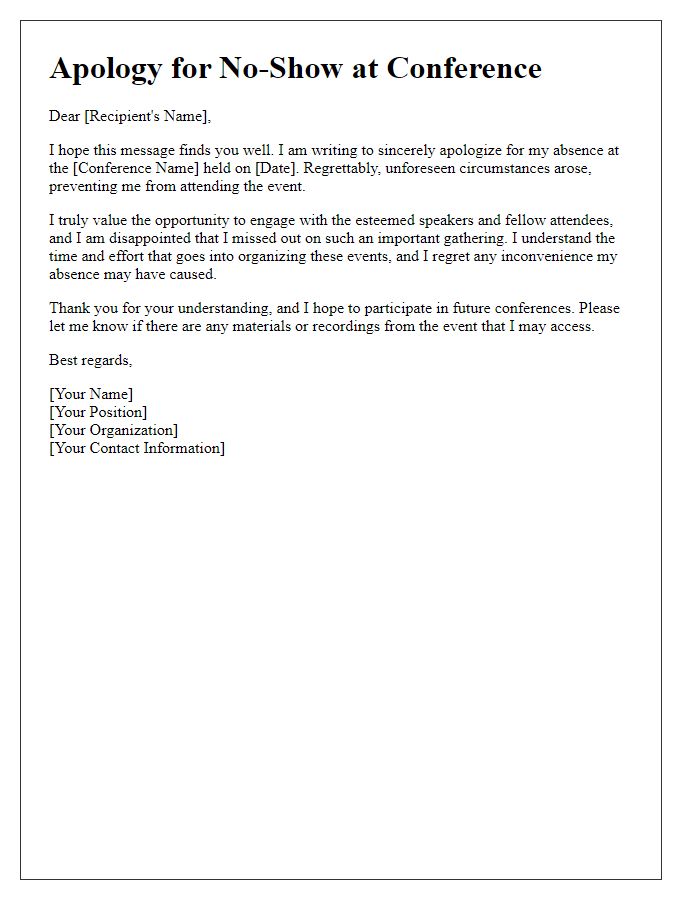 Letter template of conference no-show apology notification