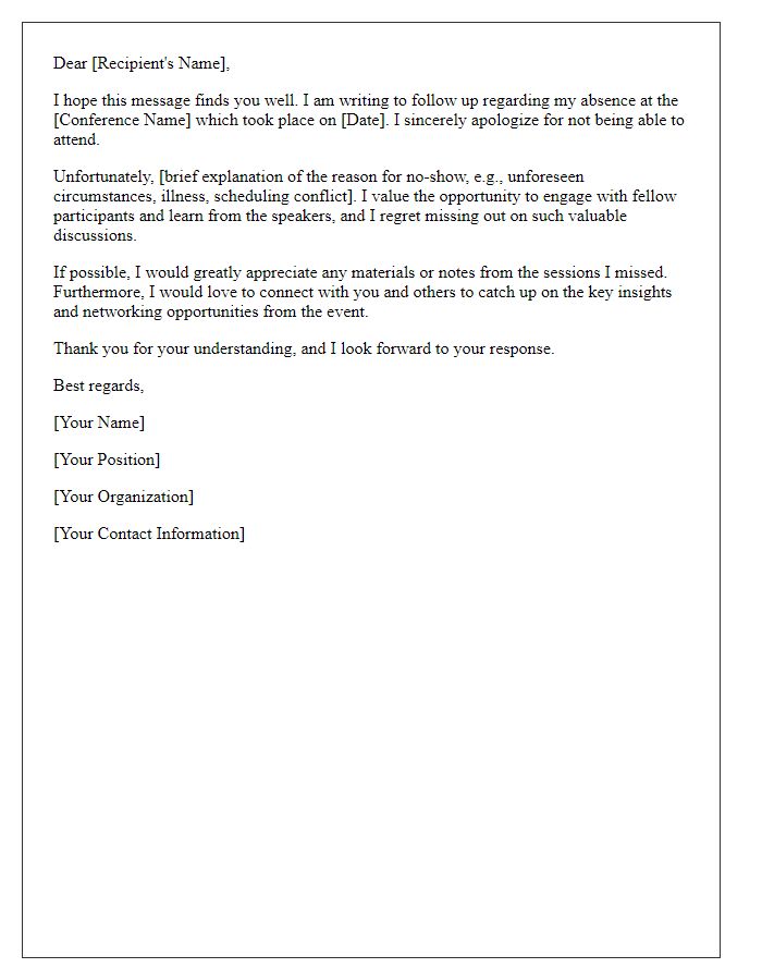 Letter template of conference no-show explanation follow-up