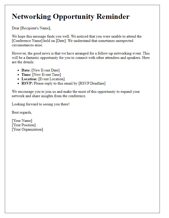 Letter template of conference no-show networking opportunity reminder