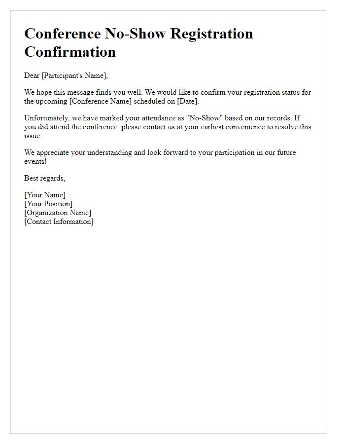 Letter template of conference no-show registration confirmation