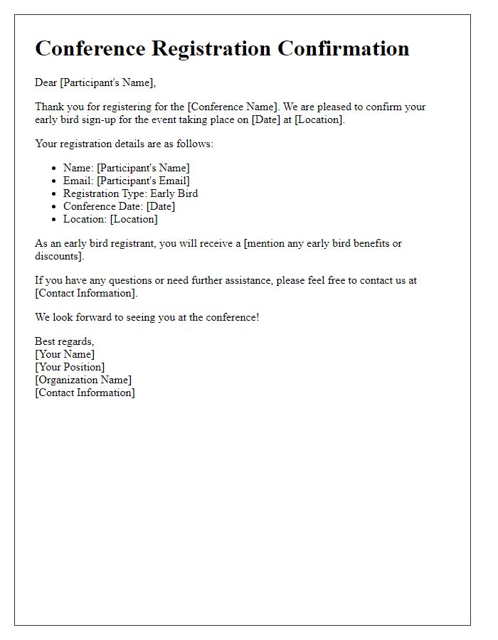 Letter template of confirmation for early bird conference sign-up