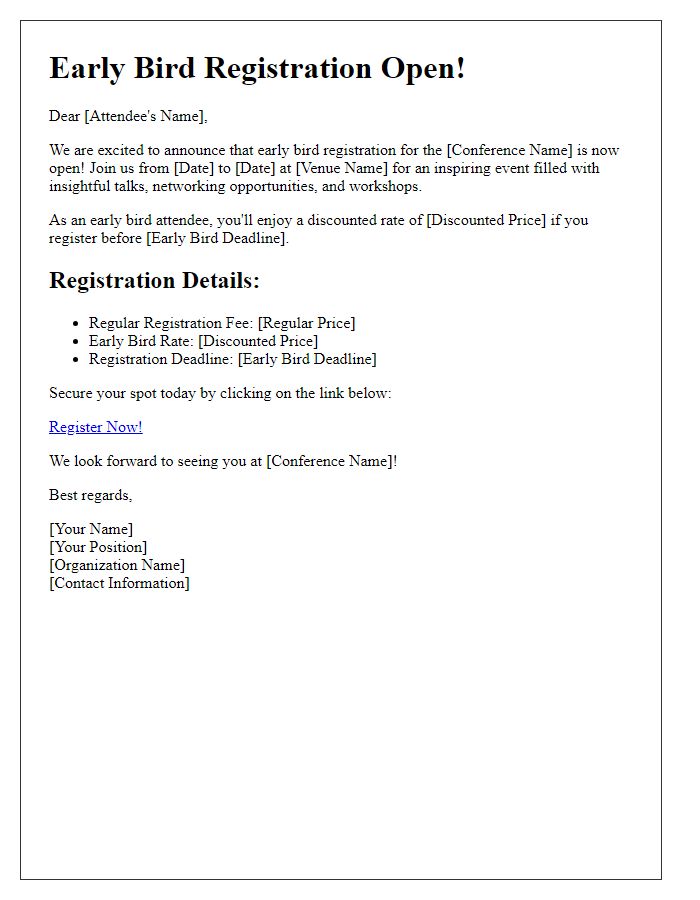 Letter template of early bird registration for conference attendees