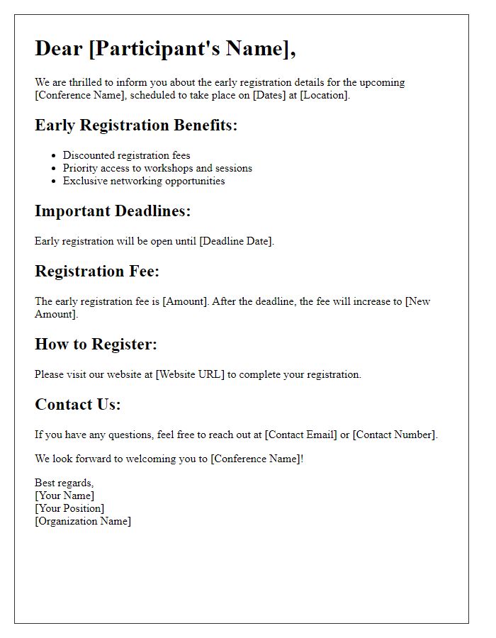 Letter template of early registration details for conference participants